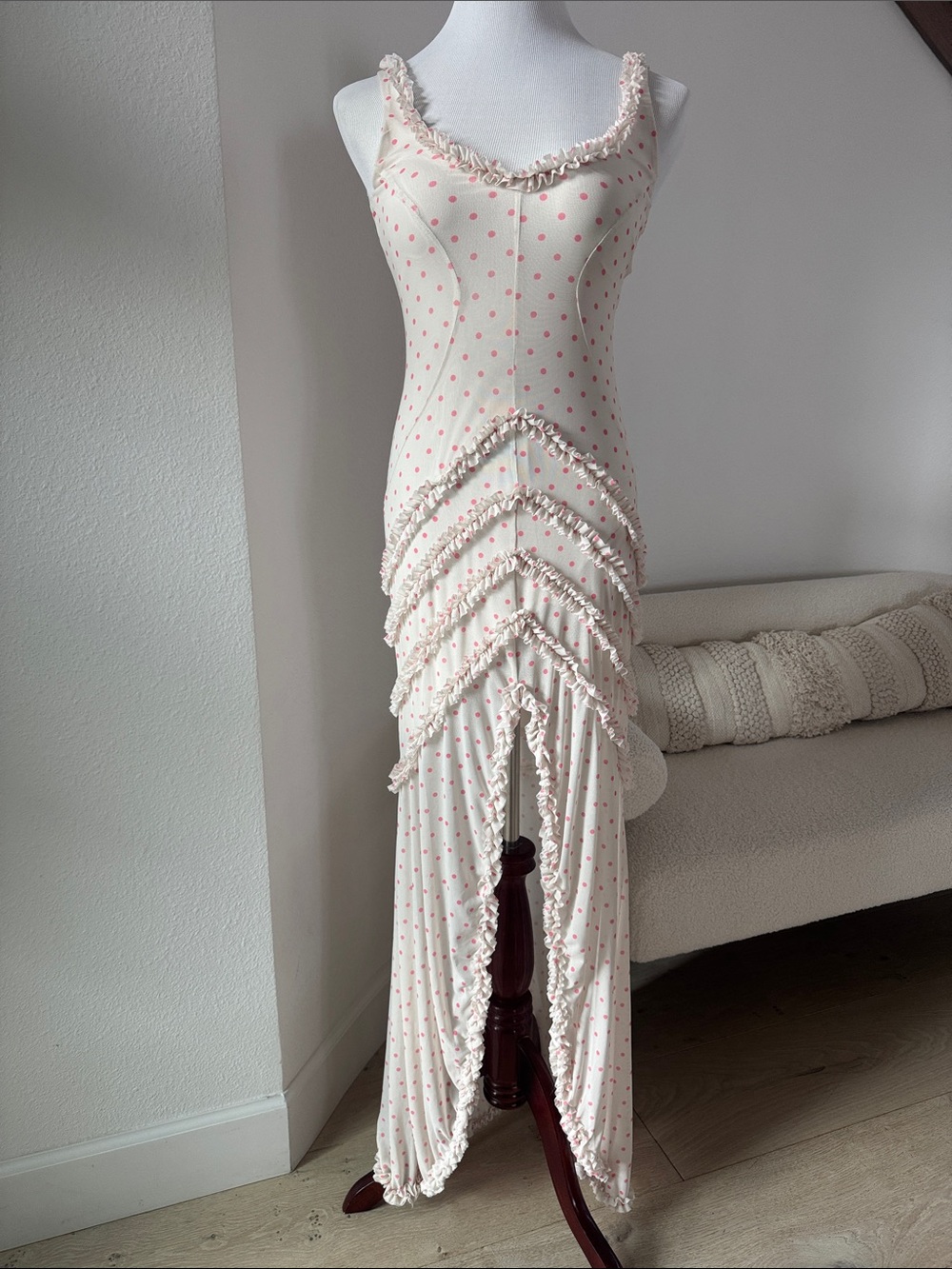 AFRM Landa Polka Dot Mesh Ruffle-Trim Maxi Dress S/P